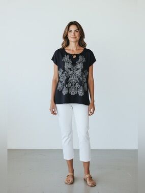 Classic Editions, Navy Paisley Top, Keyhole Tie Soft Stretch, Large